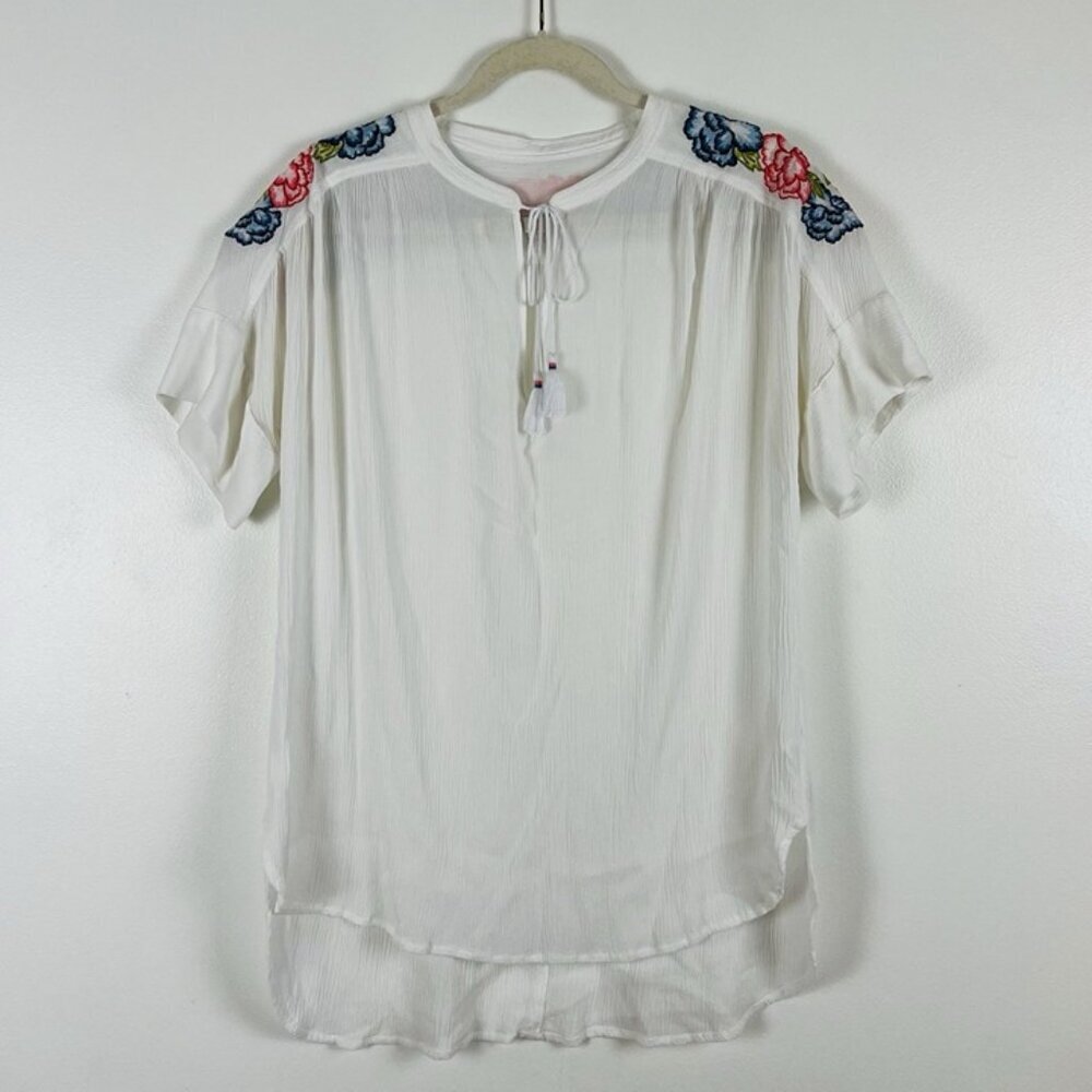 Lord & Taylor Embroidered White Blouse Sz L Short Sleeve Tunic Boho Chic Beach